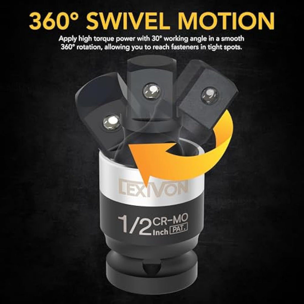 LEXIVON Slim Impact Universal Joint Set | 3-Piece Cr-Mo Steel Swivel Sockets