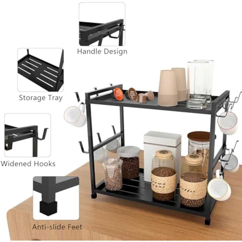 Bethom 2-Tier Coffee Cup Holder – 12 Hook Metal Mug Rack & Station Organizer