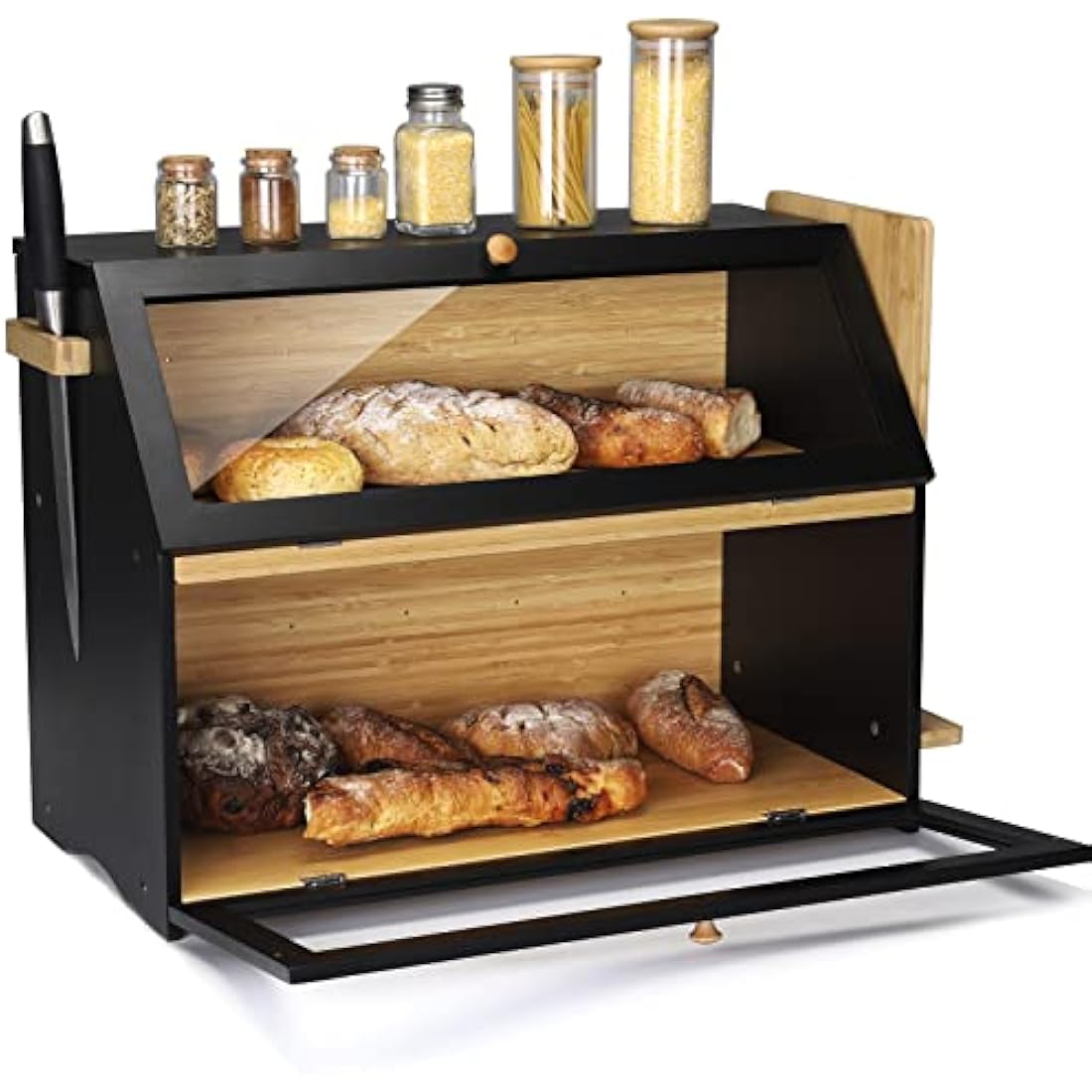 Bamboo Bread Box – Large 2-Layer Double Decker Bread Bin, Black