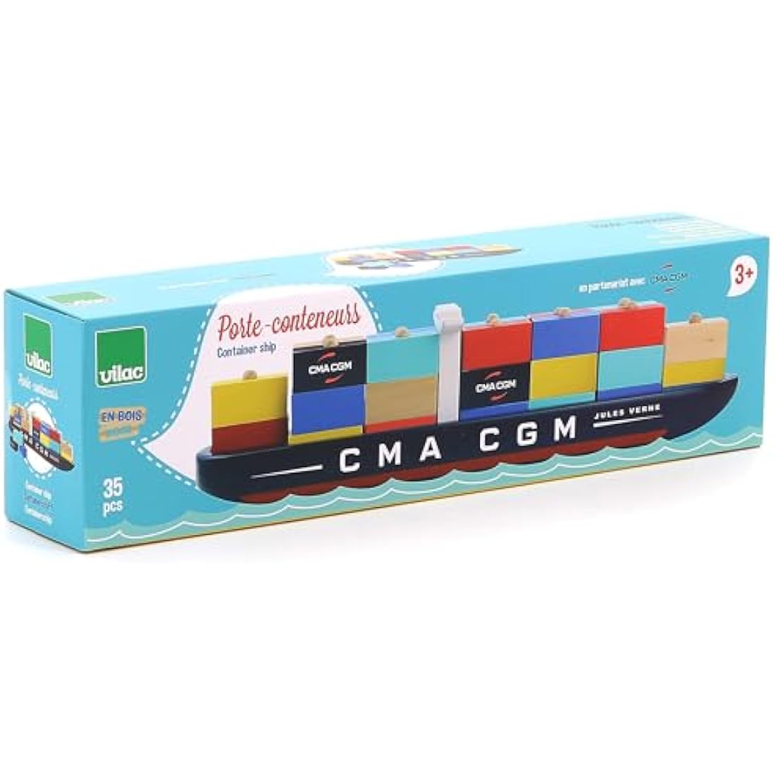 Vilac Wooden Jules Verne Container Ship – Stacking Toy for Kids