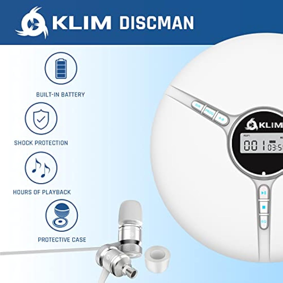 KLIM Discman Portable CD Player with Rechargeable Battery & Earbuds – White