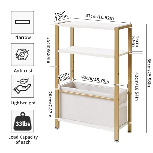 Aibiju Narrow Side Table | 3-Tier Slim End Table with Fabric Basket, White