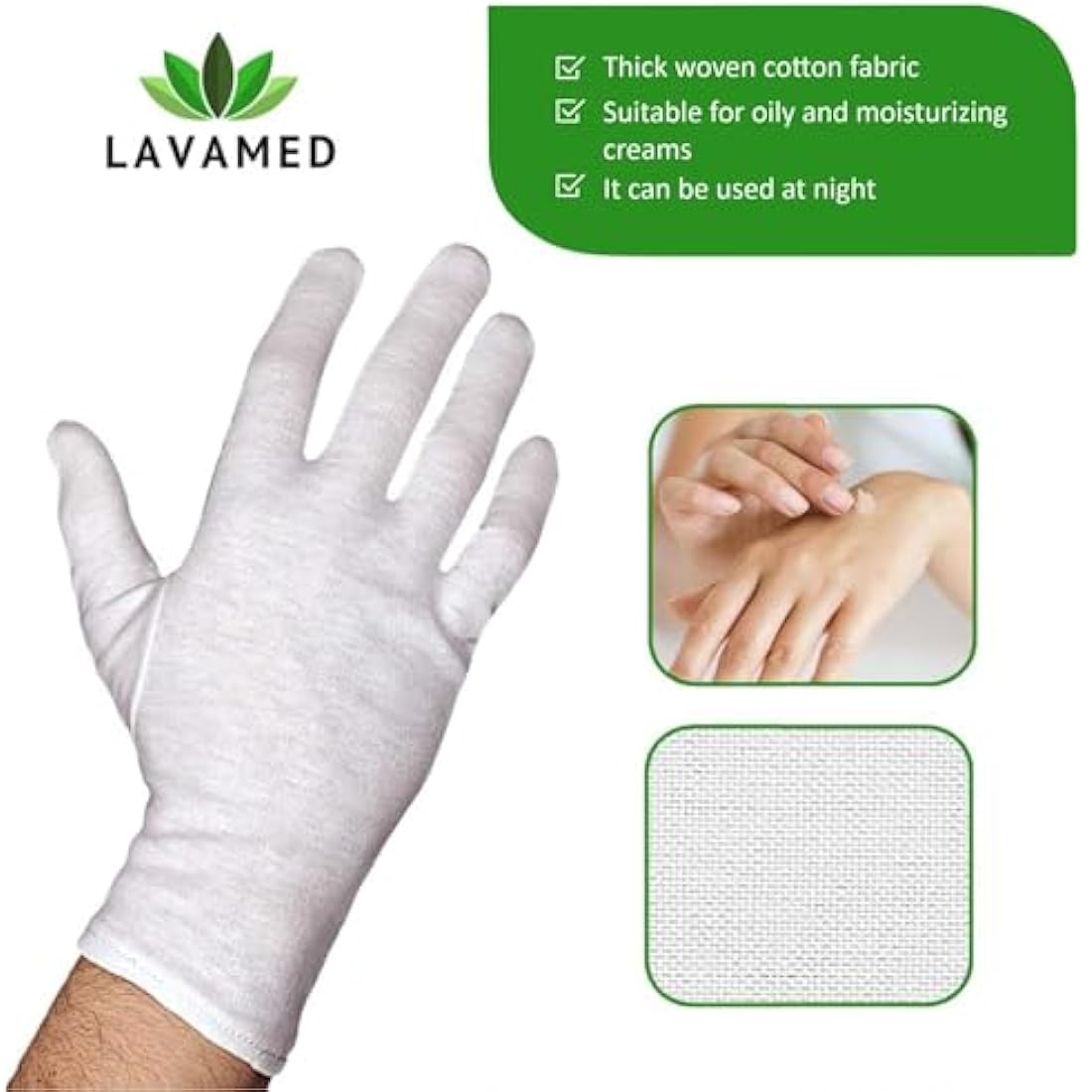 LAVAMED 100% Cotton Gloves | Soft Washable White Textile Hand Masks