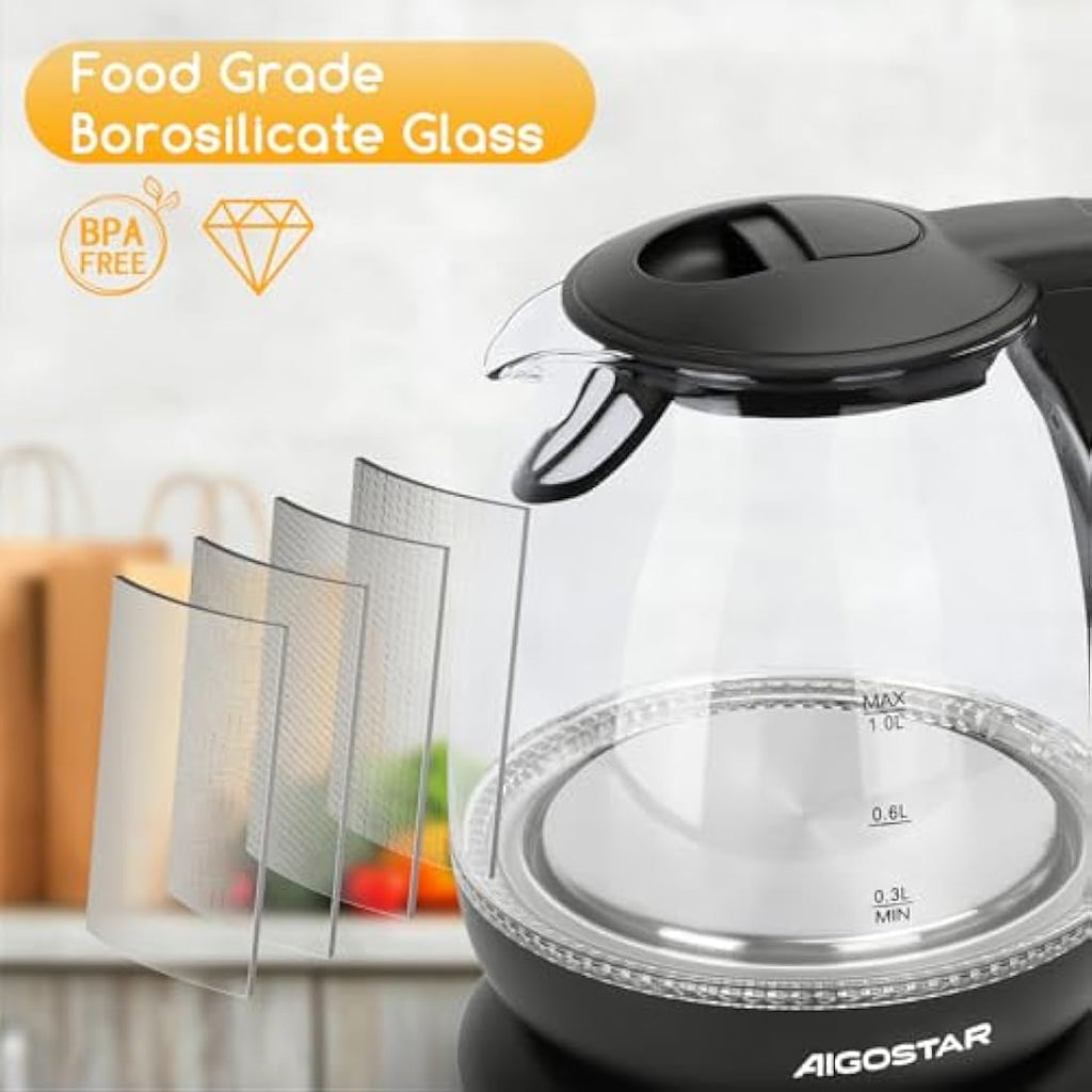 Aigostar 1.0L Glass Electric Kettle – 2200W Fast Boil Mini Tea Kettle