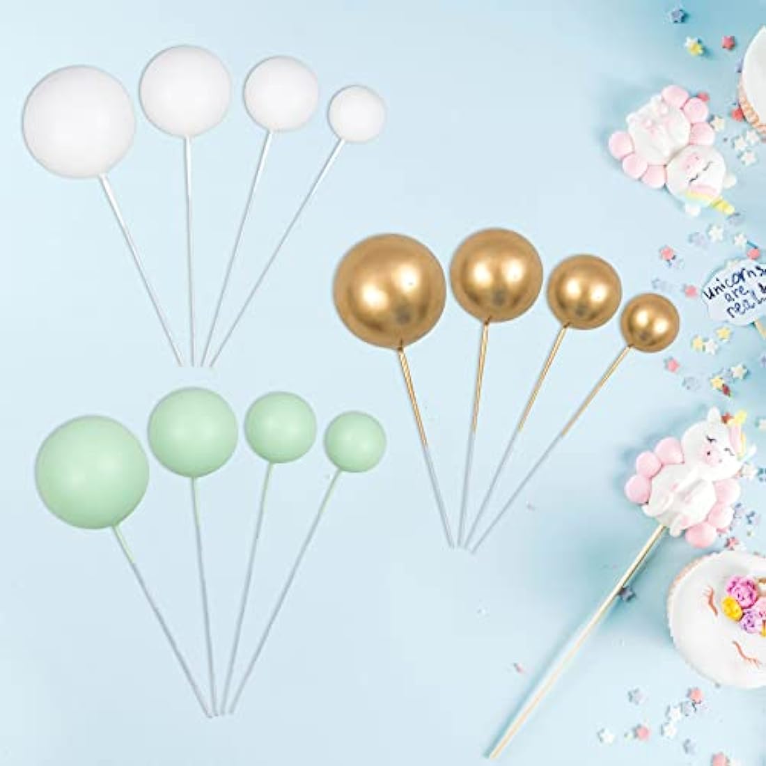 Gyufise 30Pcs Ball Cake Toppers | Green Gold White Foam Cupcake Decor