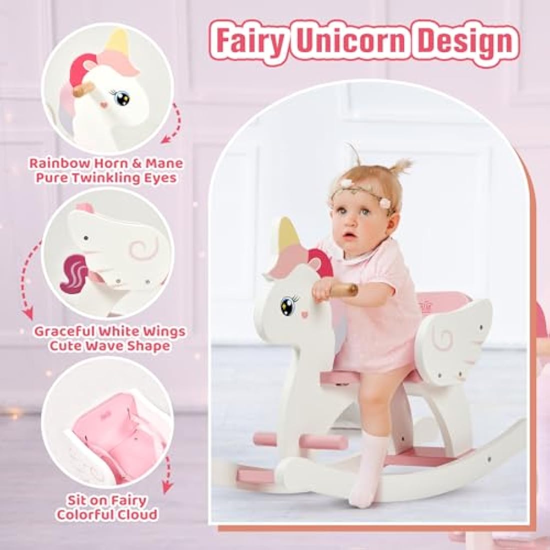FUNLIO Wooden Unicorn Rocking Horse with Safety Belt for Ages 0.5-3 - Pink