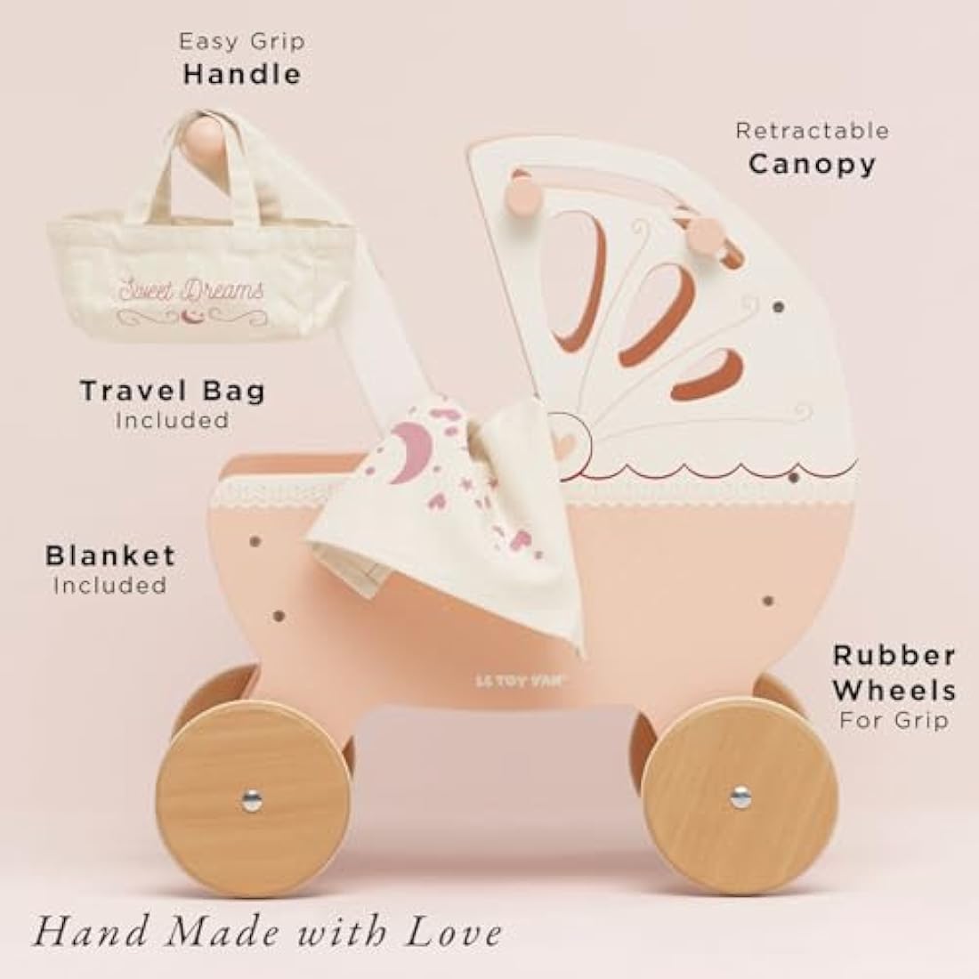 Le Toy Van Sweet Dreams Wooden Doll Pram – Pink Retro Pretend Play Toy