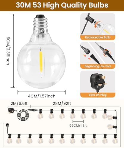 ZYRIVON 30M Outdoor String Lights | 50+3 G40 LED Shatterproof Garden Lights