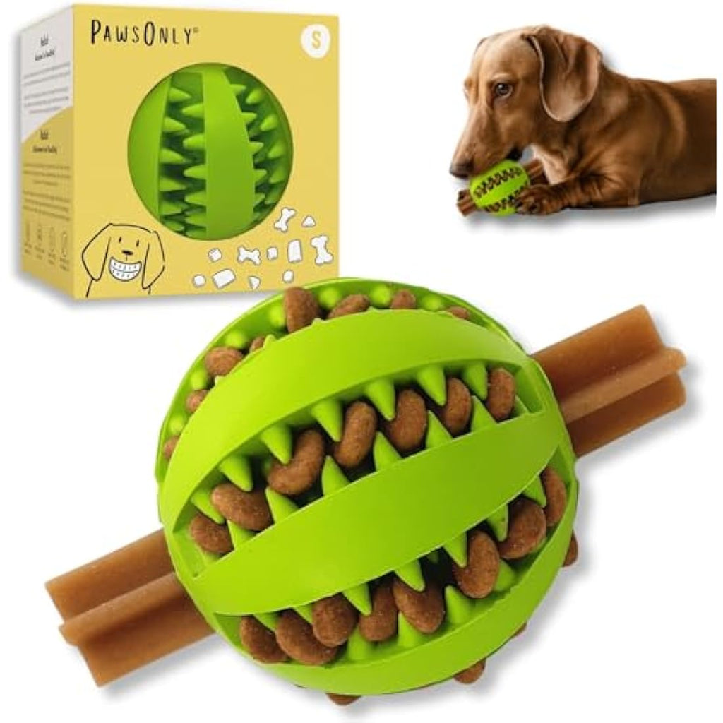 PawsOnly Dog Treat Ball Dispenser - Interactive Rubber Dental Toy, Green