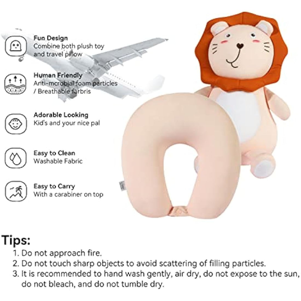 JOYRAVO 2-in-1 Kids Travel Pillow | Convertible Animal Plushie – Pink Lion