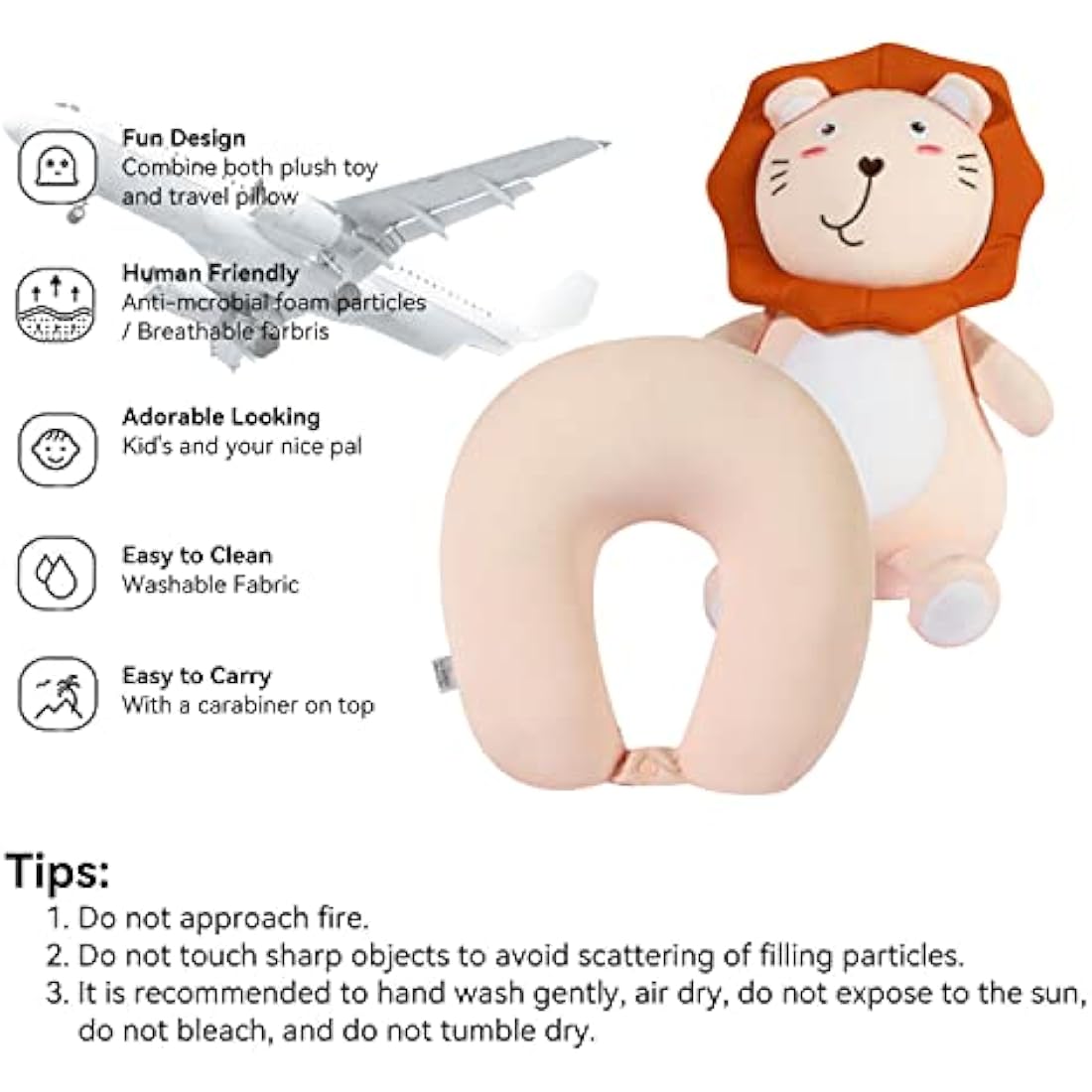 JOYRAVO 2-in-1 Kids Travel Pillow | Convertible Animal Plushie – Pink Lion