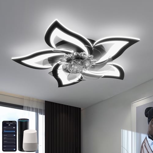 YUNLONG Smart Ceiling Fan with Light | Reversible DC Motor, Black