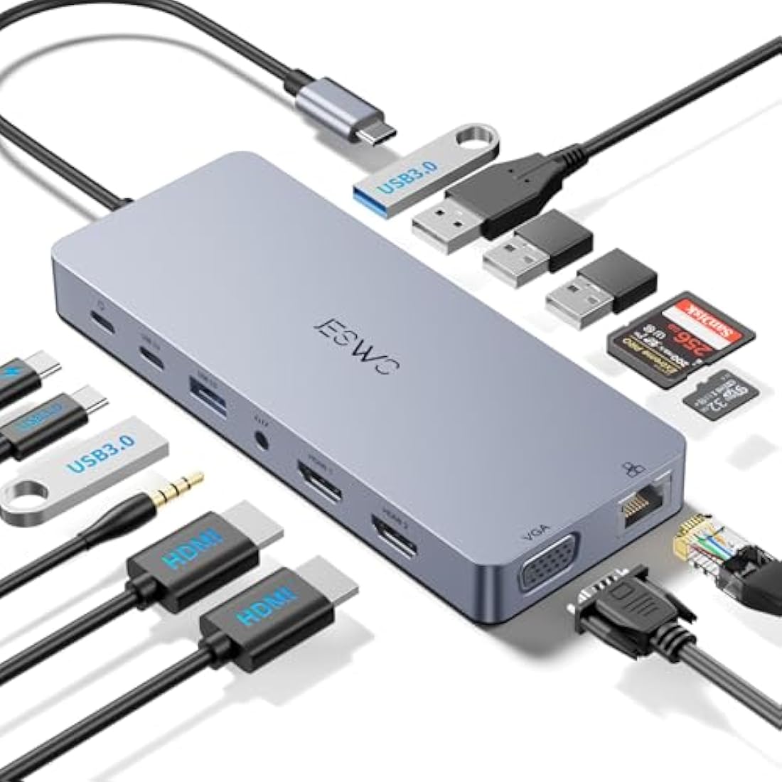 JESWO 14-in-1 USB C Docking Station – Dual Monitor 4K HDMI & VGA Hub