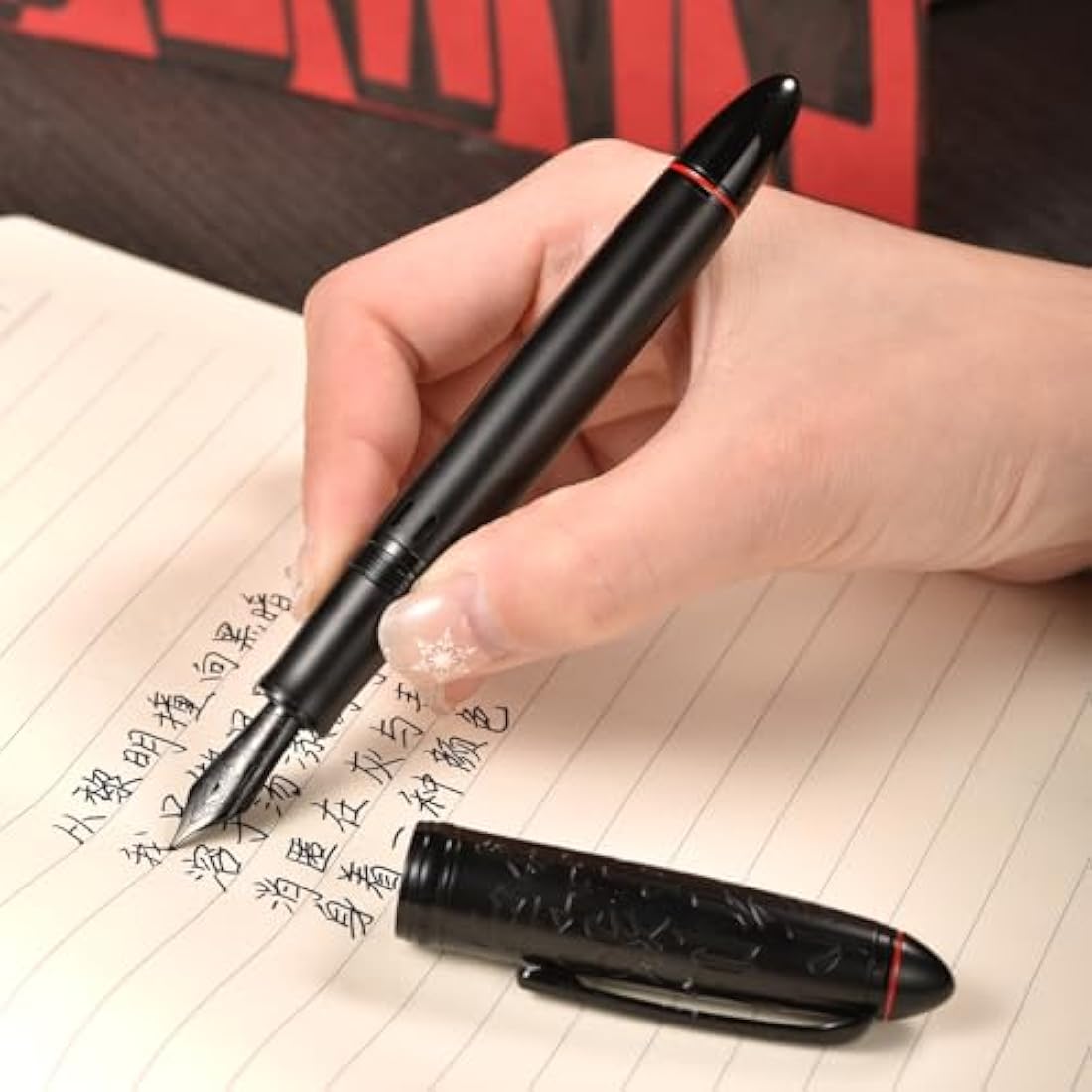 Hongdian N6 Piston Fountain Pen - Black Resin with Long Blade Nib
