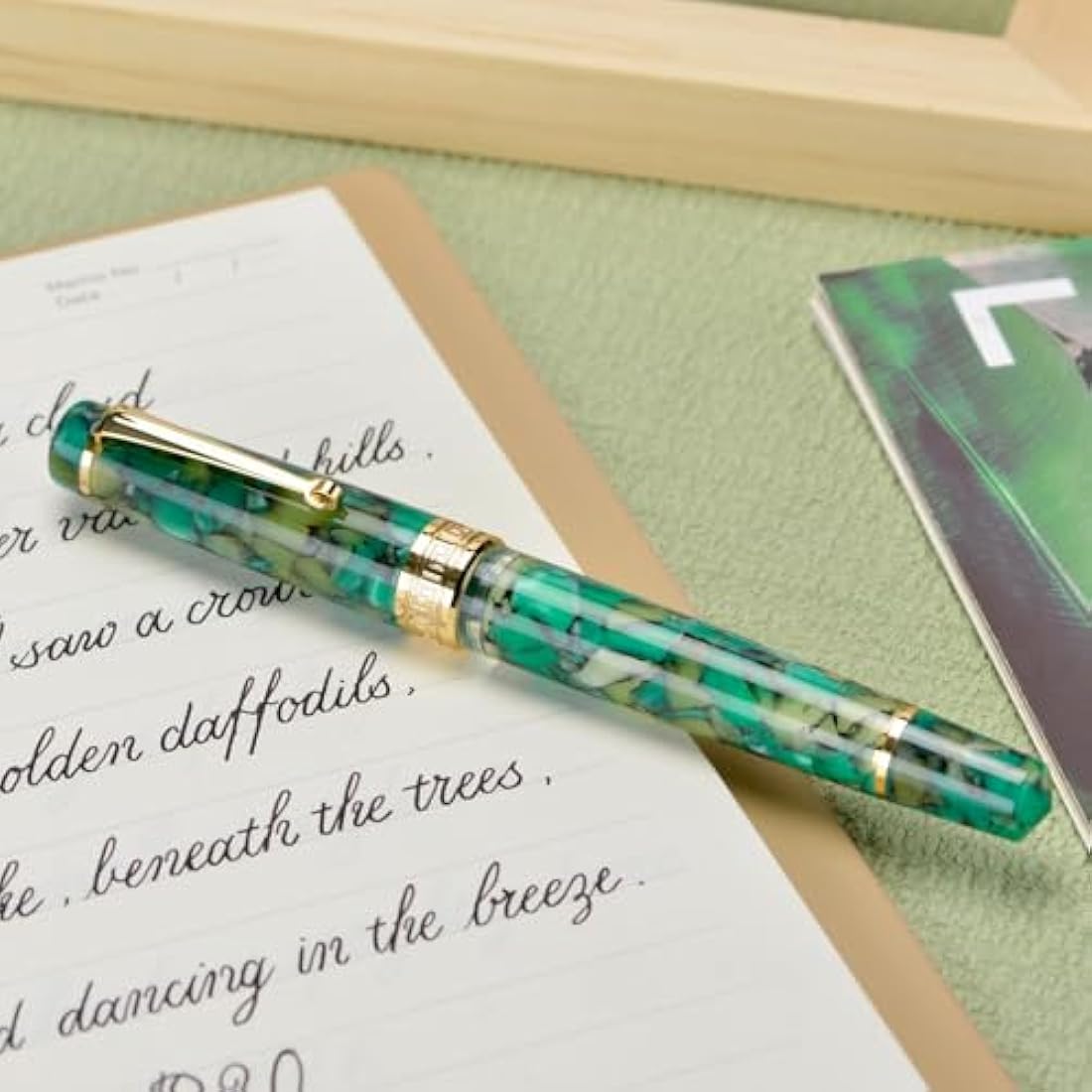 Asvine P20 Piston Fountain Pen - Green Marble Acrylic Medium Nib
