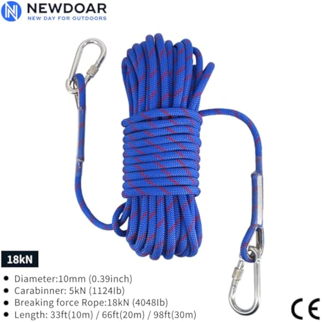 NewDoar 10mm Static Climbing Rope – 18KN Safety Cord with 2 Carabiners