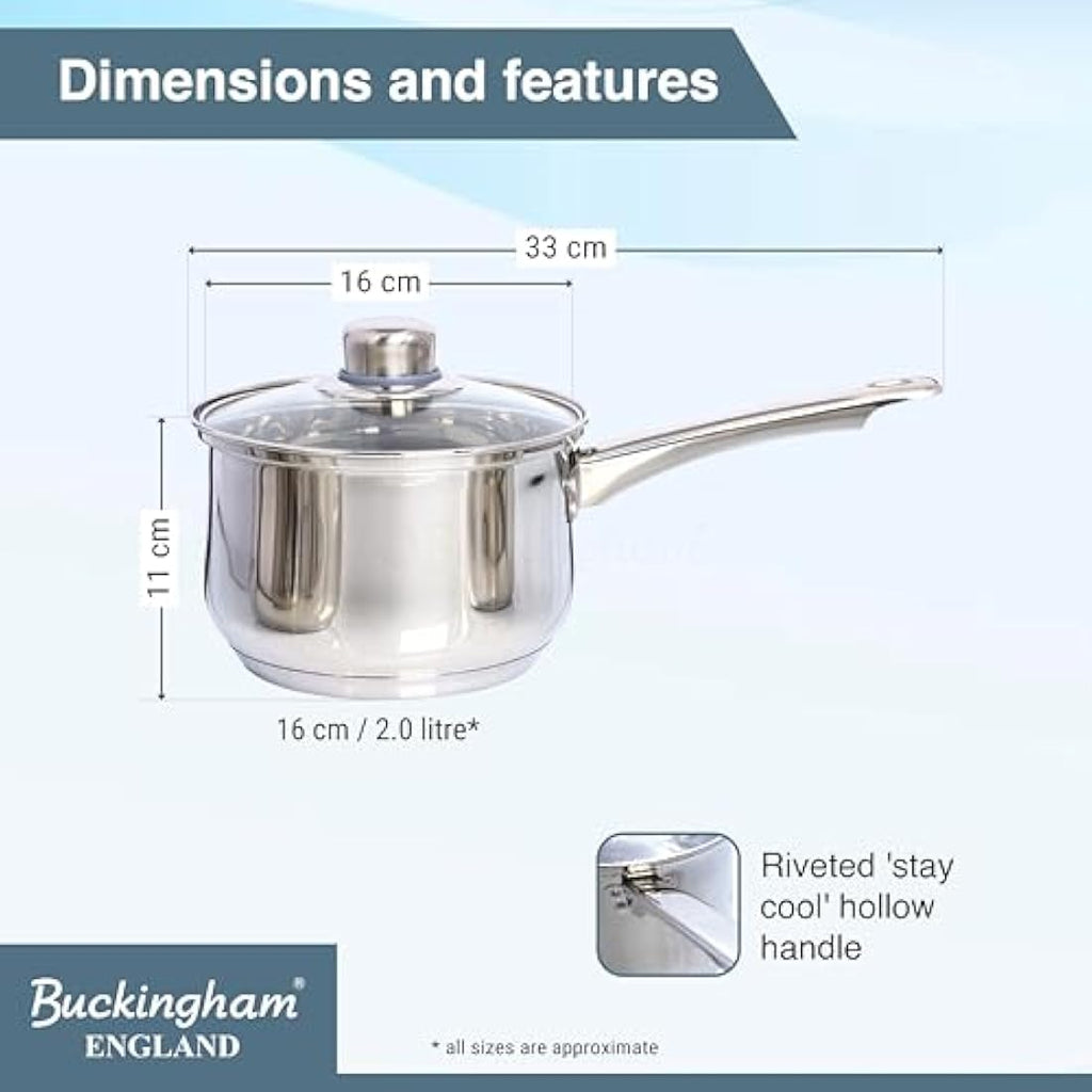 Buckingham Stainless Steel Saucepan with Glass Lid - Induction, 16cm
