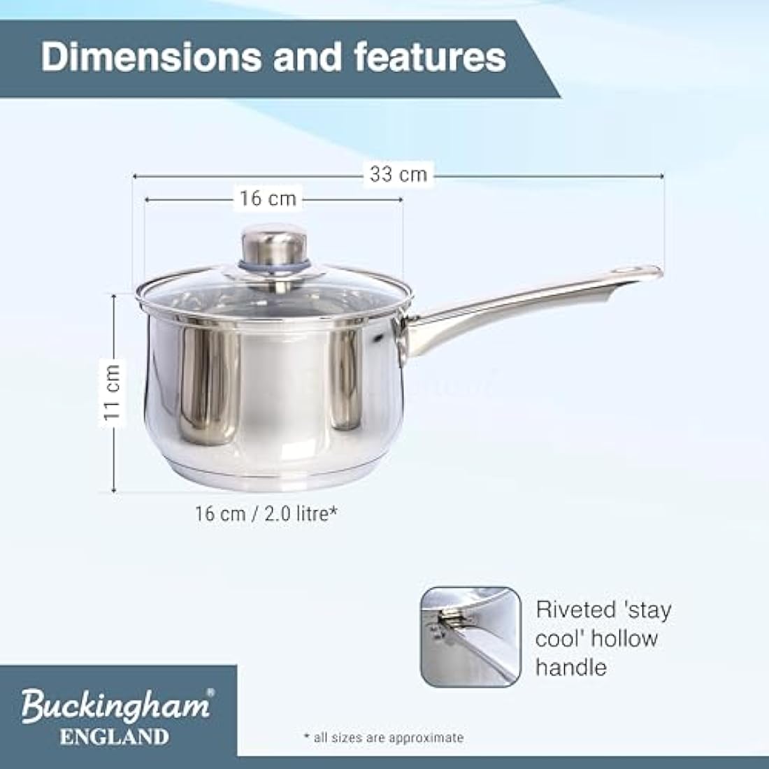 Buckingham Stainless Steel Saucepan with Glass Lid - Induction, 16cm