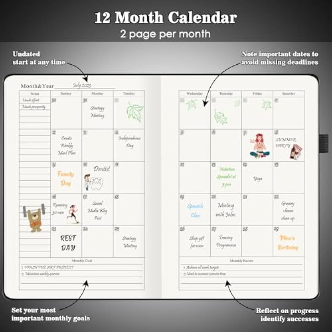 Undated Daily Planner – Hourly Productivity Agenda, Black PU Leather