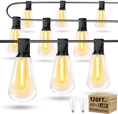 Torkase 120FT Outdoor Festoon Lights | 60 Shatterproof LED Edison Bulbs