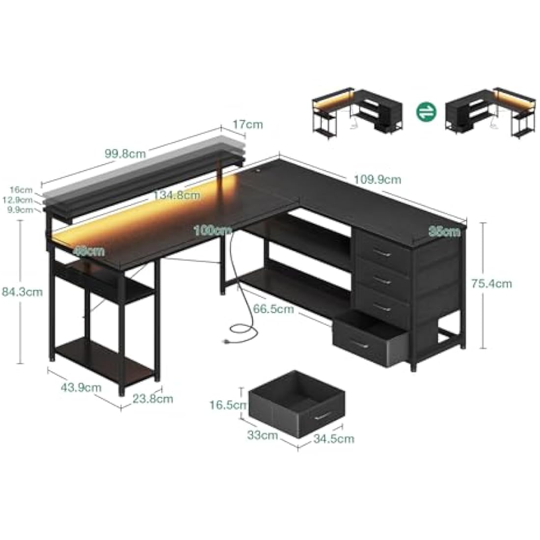 ODK L-Shaped Gaming Desk with LED Lights, Power Outlets & Drawers - Black
