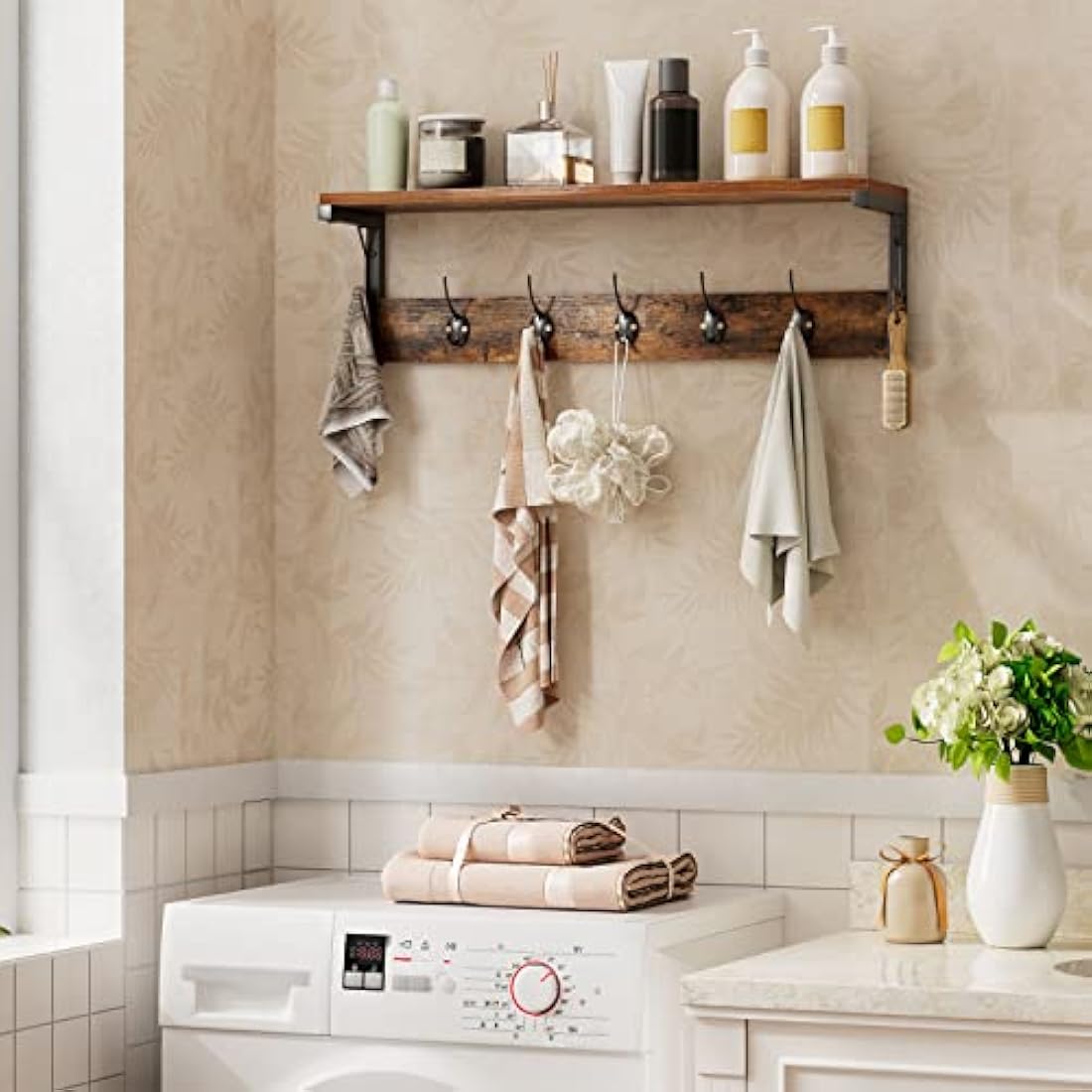 HOOBRO Wall-Mounted Coat Rack with Shelf - 7 Hooks, Rustic Brown