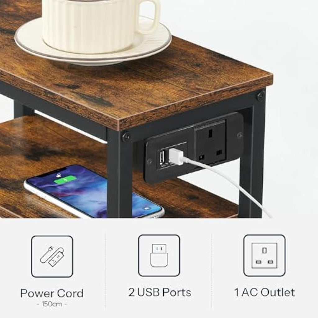 HOOBRO Narrow Side Table with Charging Station - Rustic Brown & Black