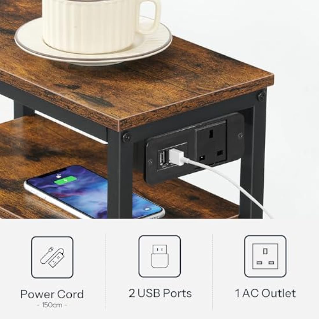 HOOBRO Narrow Side Table with Charging Station - Rustic Brown & Black