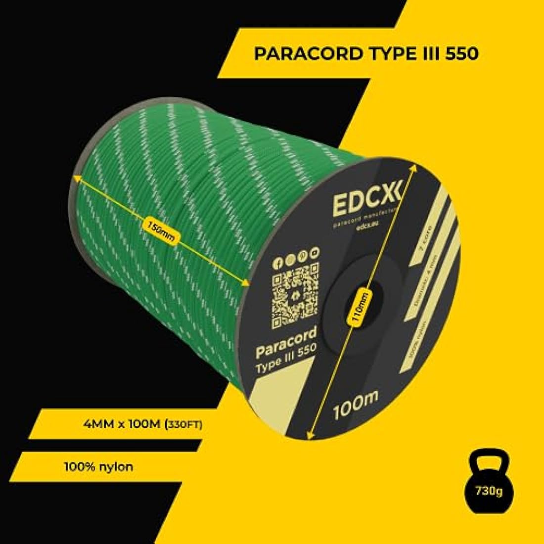 EDCX 550 Paracord – 4mm Type III 7-Strand Nylon Rope, 15m Spool