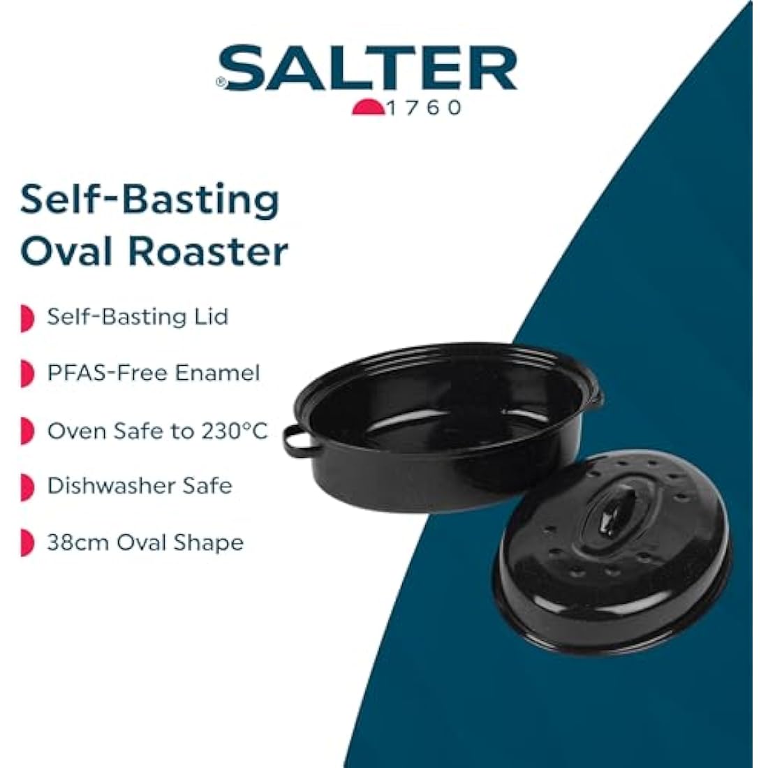 Salter Self-Basting Roaster – 38cm Vitreous Enamel Steel Roasting Tin
