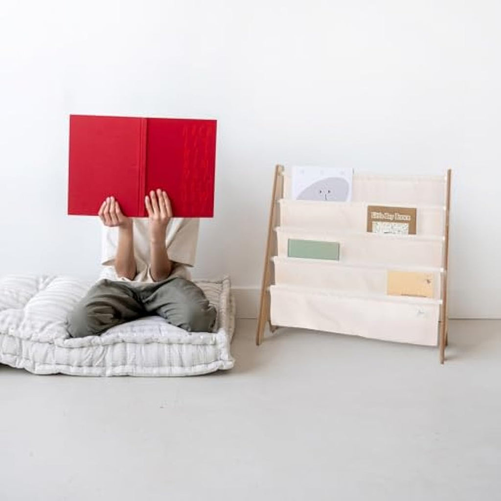 3 Sprouts Kids Bookshelf – 4-Tier Recycled Fabric Sling Book Rack, Cream