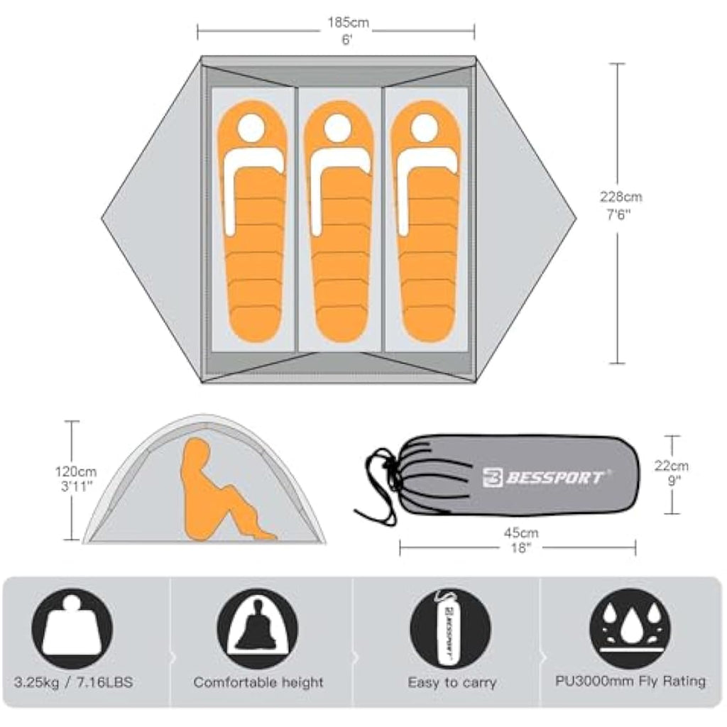 Bessport 3-Person Backpacking Tent – Waterproof Lightweight Shelter