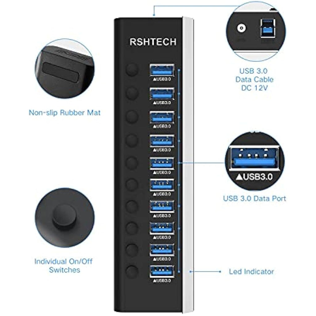 RSHTECH 10-Port Powered USB 3.0 Hub | Aluminum Data Hub with 12V Adapter