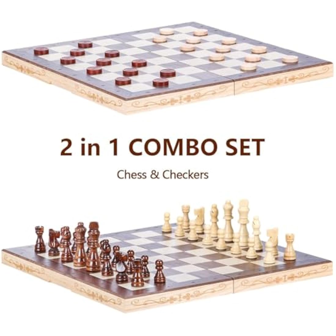 Magnetic Wooden Chess & Checkers Set – 15.74" Foldable Board
