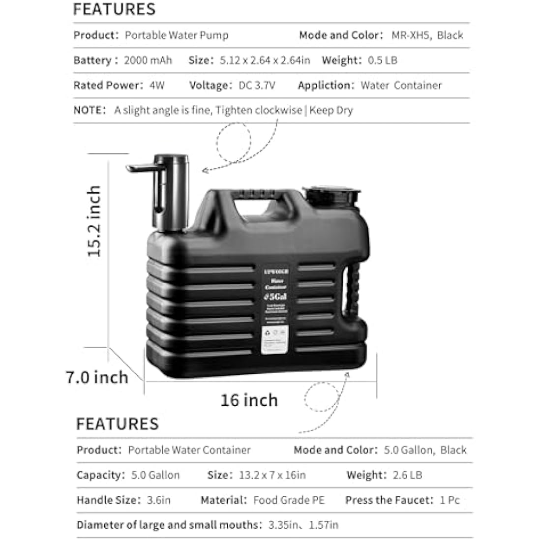 Jolof Store 5 Gallon Water Jug | Portable Rechargeable Pump – Black