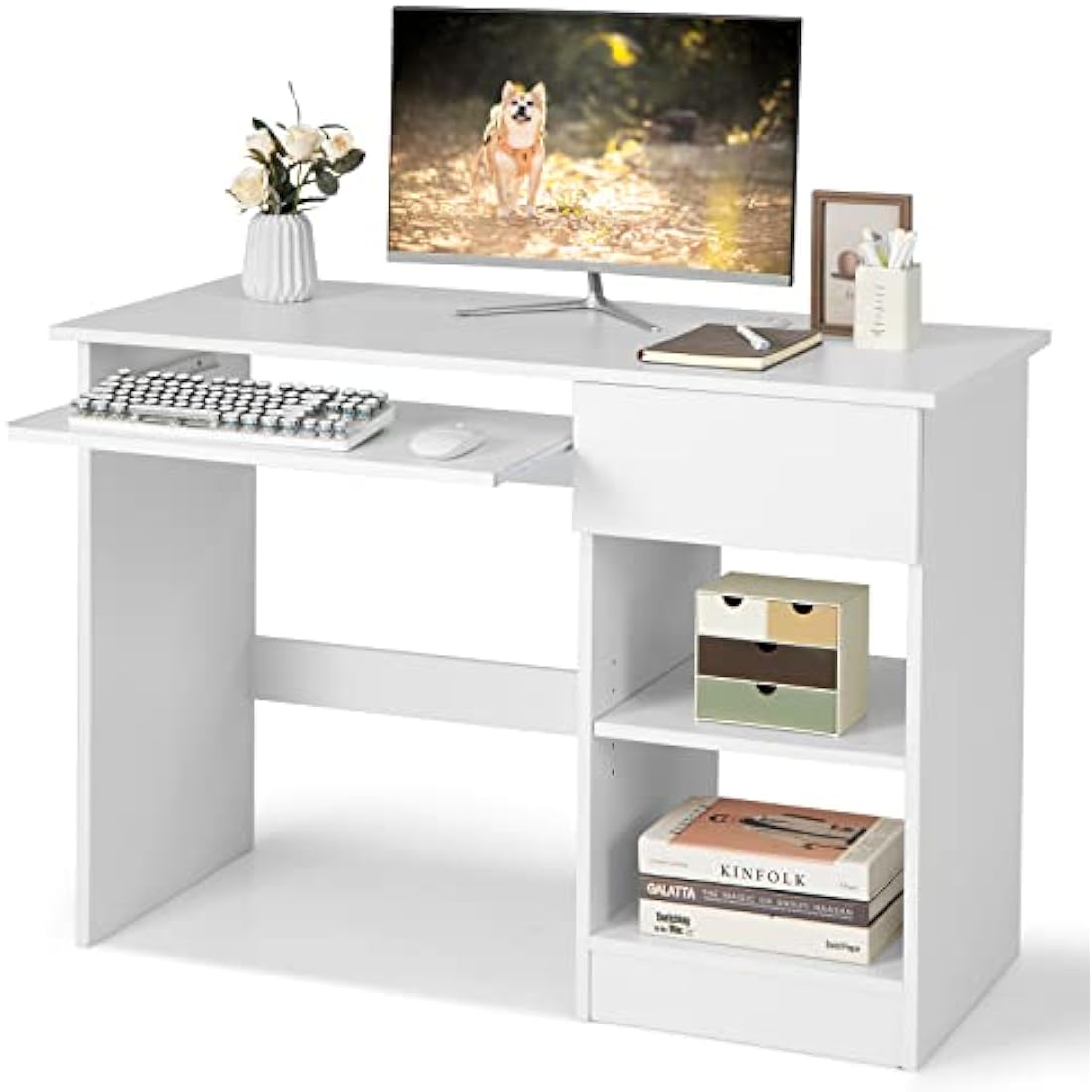 Computer Desk with Keyboard Tray and Drawer - White
