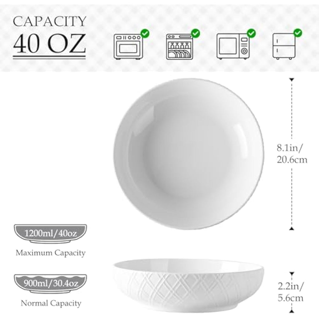 NUTRIUPS 40 Oz Pasta Bowls Set of 4 | White Checkered Porcelain Salad Bowls