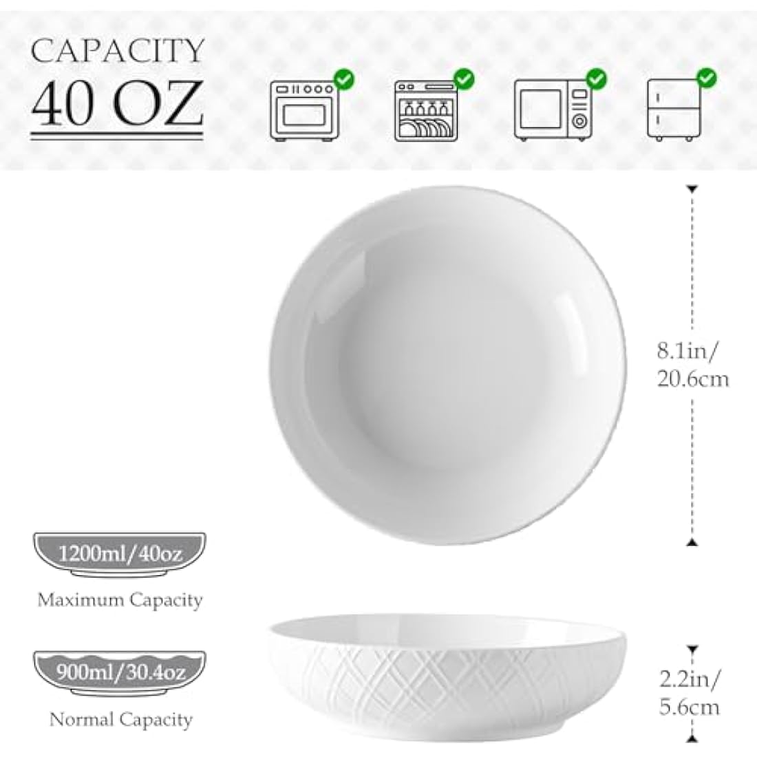 NUTRIUPS 40 Oz Pasta Bowls Set of 4 | White Checkered Porcelain Salad Bowls