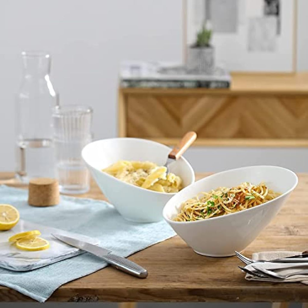 DOWAN White Porcelain Slanted Salad Bowls - 26oz Ceramic Serving Set of 2