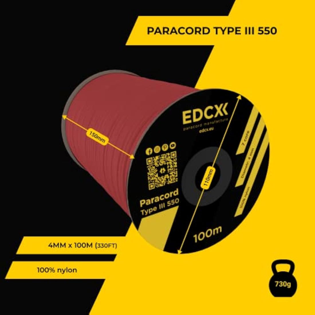EDCX 550 Paracord – 4mm 7-Strand Nylon Rope for Camping and DIY