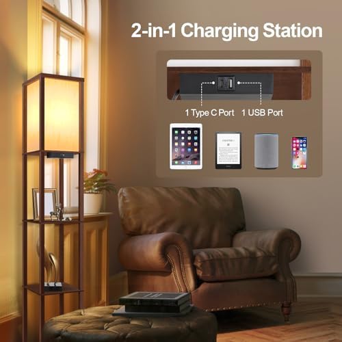 OUTON Shelf Floor Lamp with USB Ports | 3-Tier Wood Standing Lamp