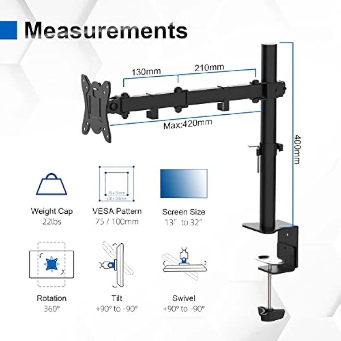 GRIFEMA Single Monitor Arm Desk Mount | 13-32" VESA Stand | 10kg Capacity