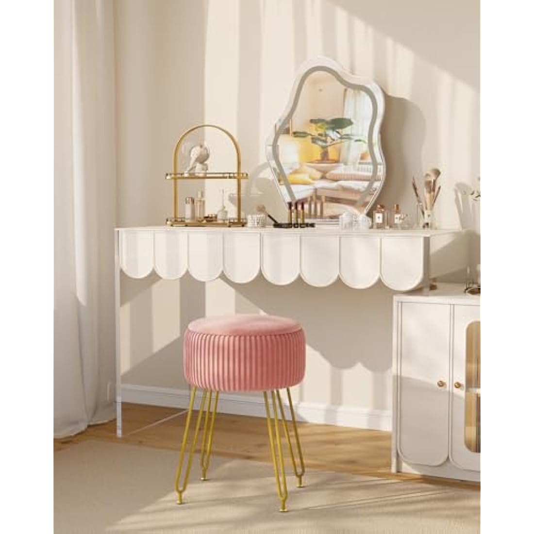 IBUYKE Velvet Storage Ottoman Stool with Gold Legs – Pink Vanity Chair