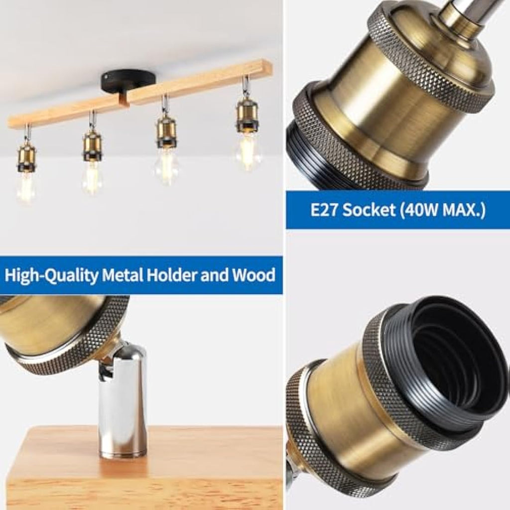 ANWIO 4-Way Adjustable Ceiling Spotlight Bar – Retro Wood & Aluminum
