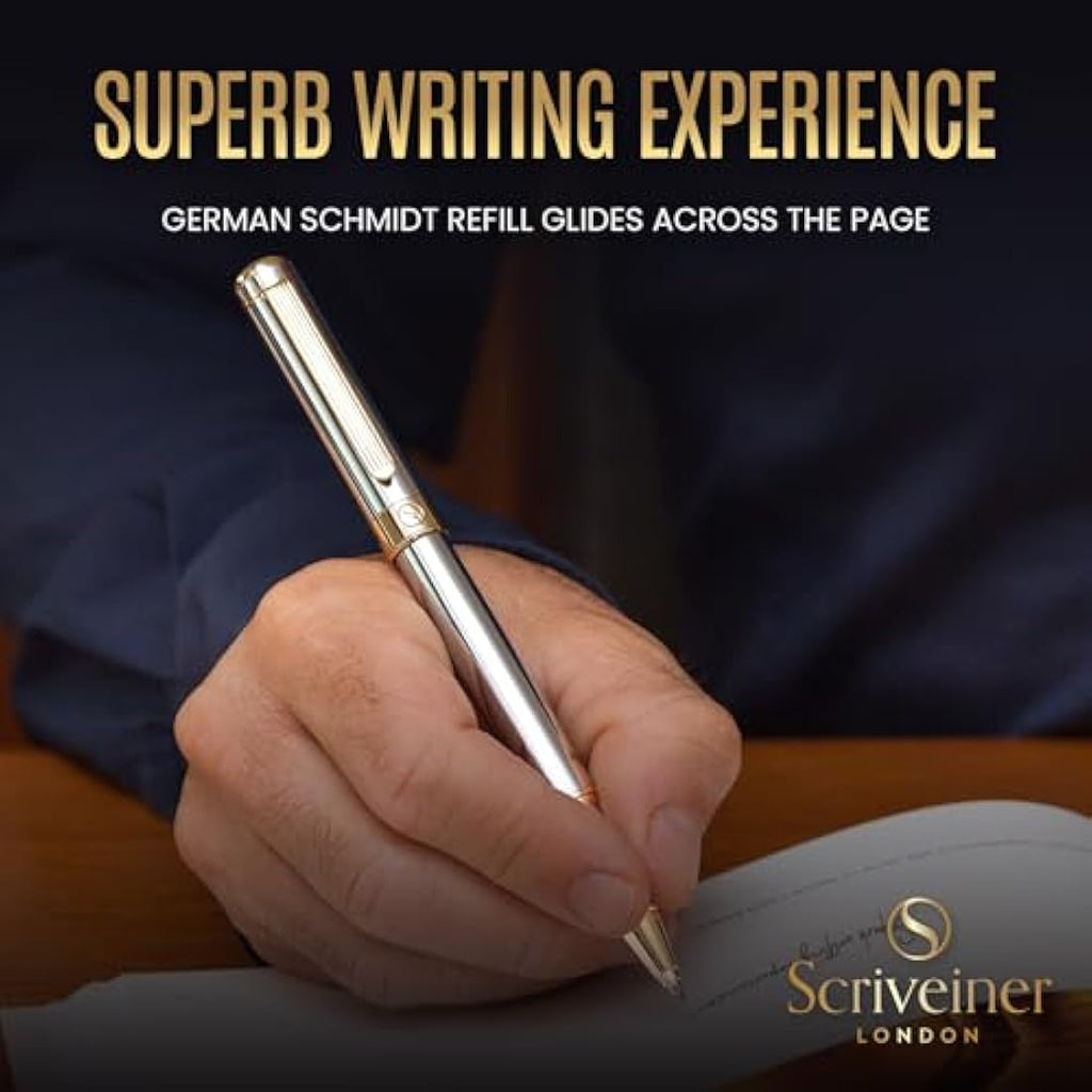 Scriveiner Silver Chrome Rollerball Pen | Gold Plated Luxury Pen