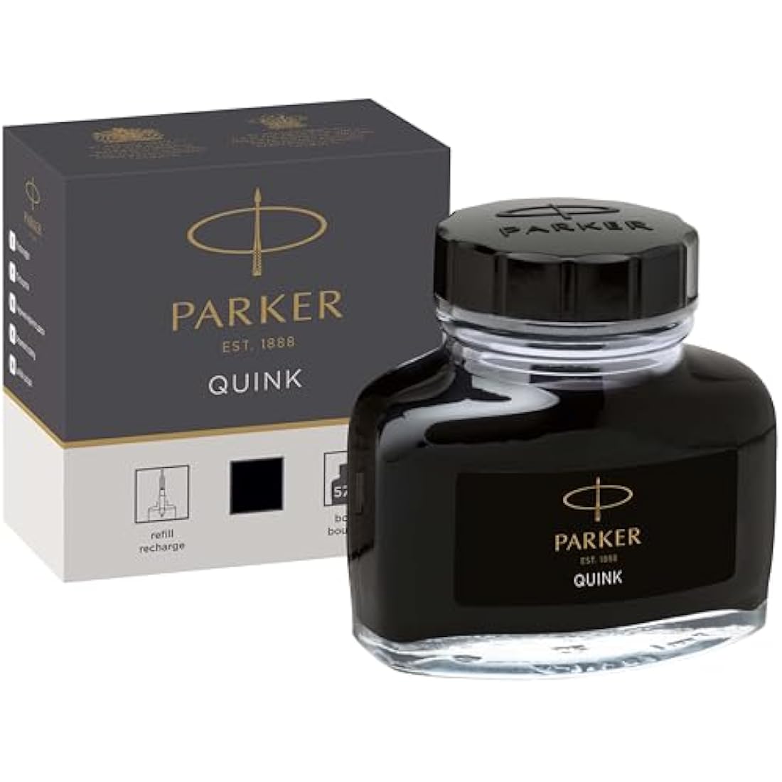 Parker Quink Fountain Pen Ink Bottle - Black Refill - 57 ml Glass Bottle