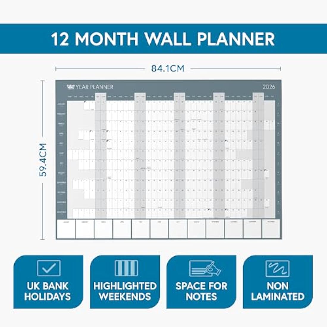 Clear Mind Concepts 2026 Wall Planner – Large A1 Yearly Calendar