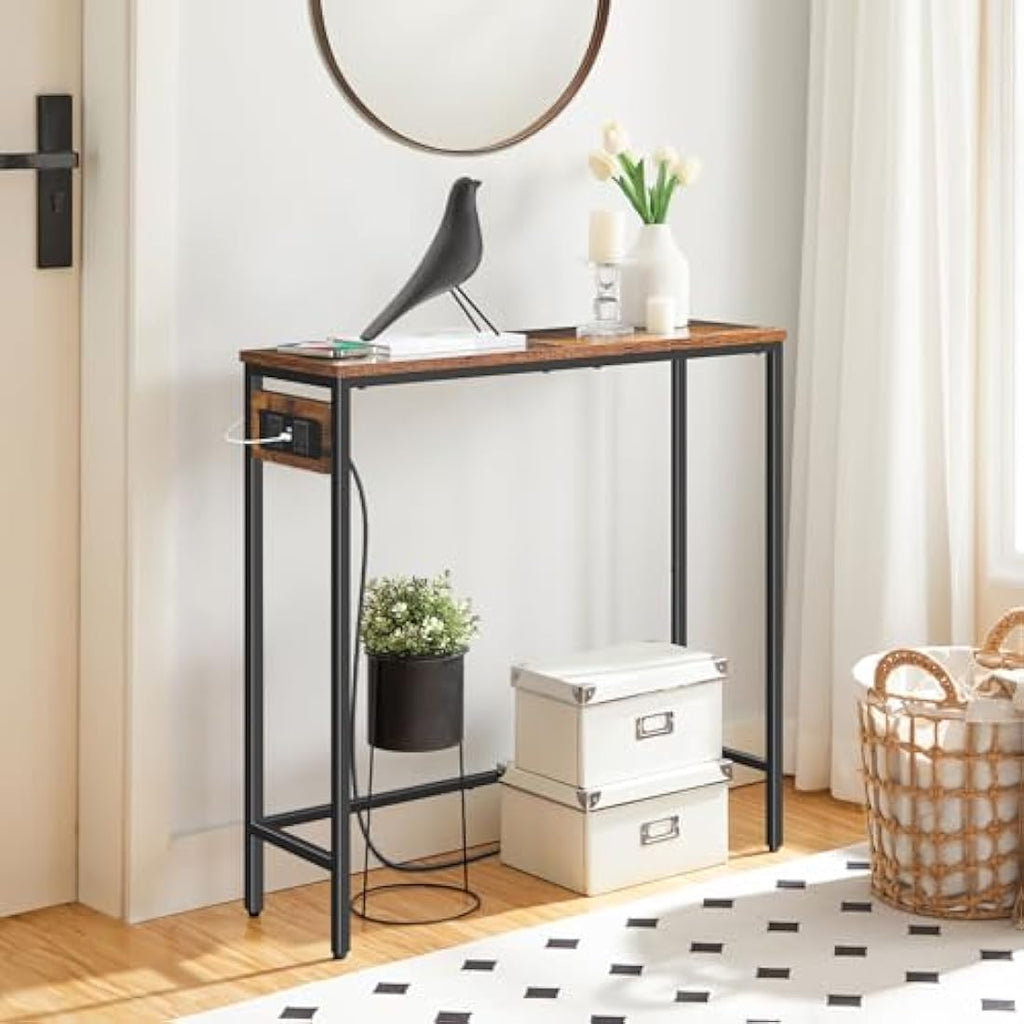 HOOBRO Slim Console Table with Charging Station | Narrow Industrial Sofa Table