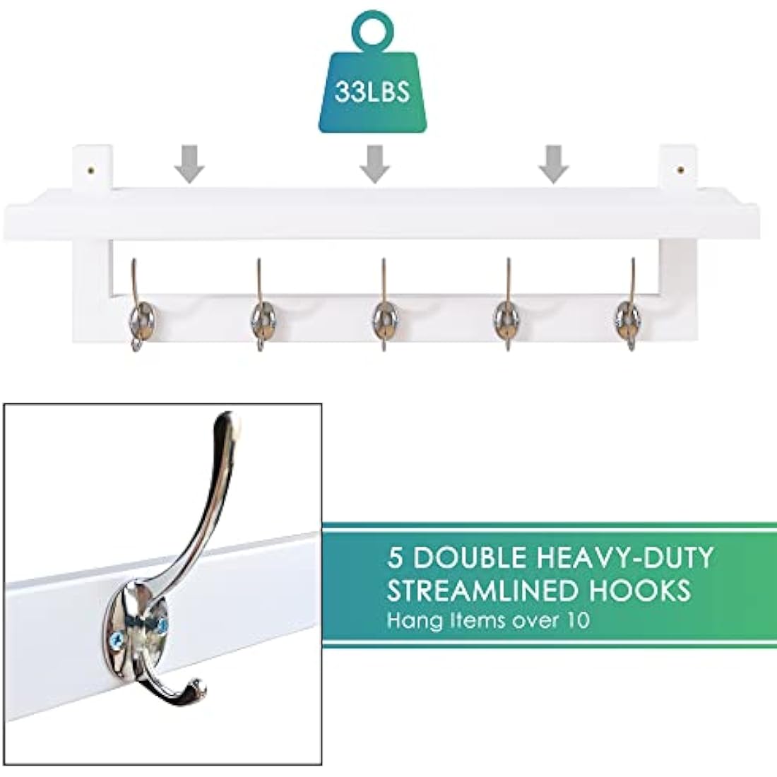 SMIBUY Bamboo Wall-Mounted Coat Rack with Shelf - 5 Double Hooks, White