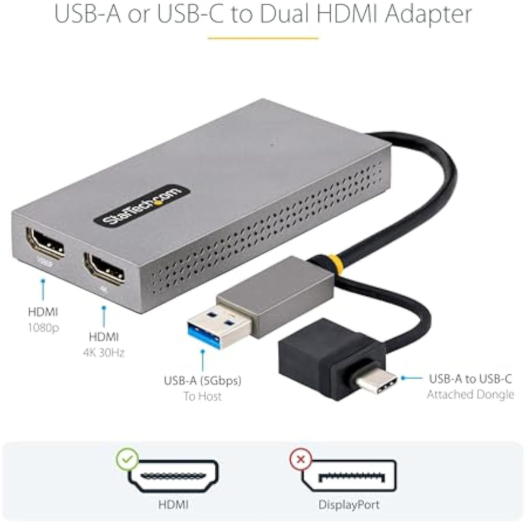 StarTech USB-C to Dual HDMI Adapter - 4K 30Hz & 1080p for Windows & Mac